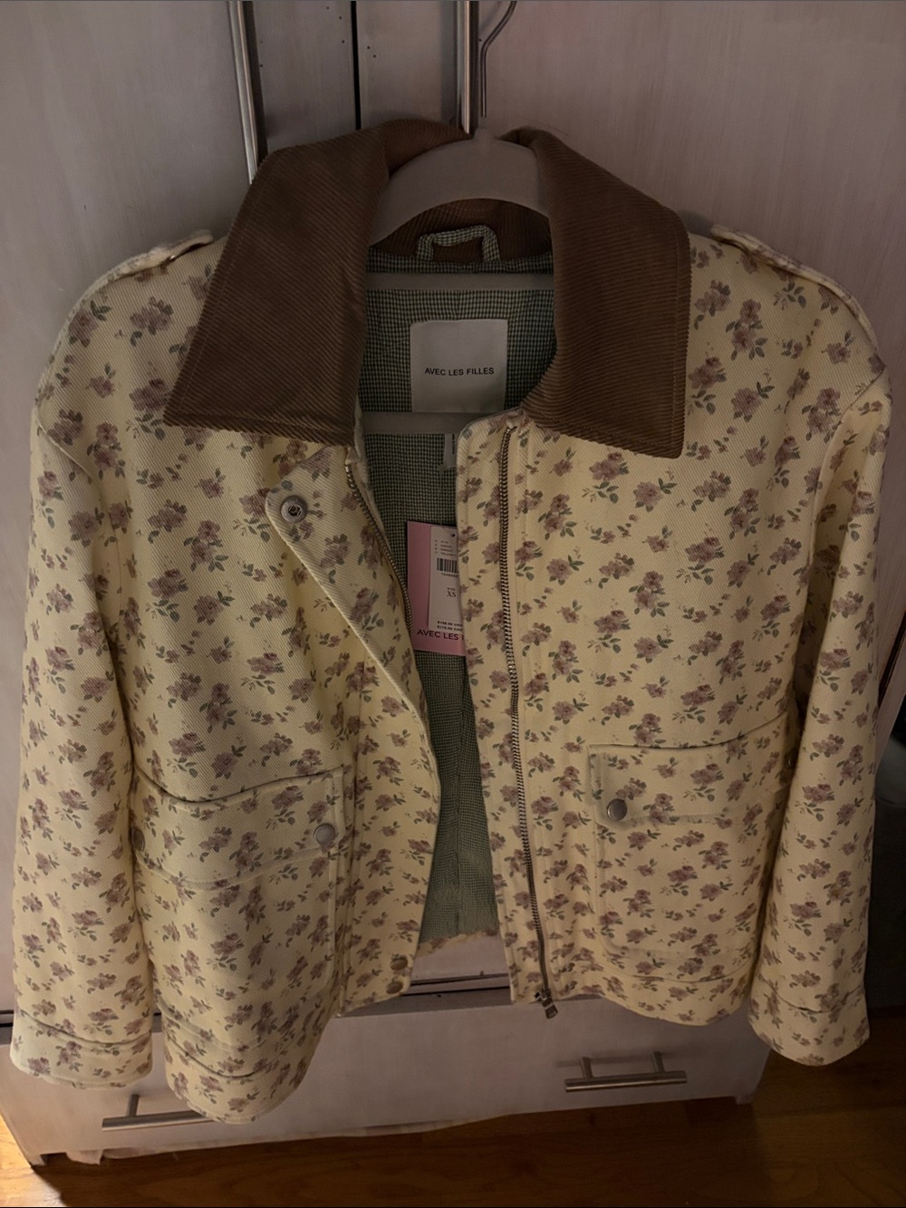 Avec Les Filles cream floral utility jacket with brown corduroy collar